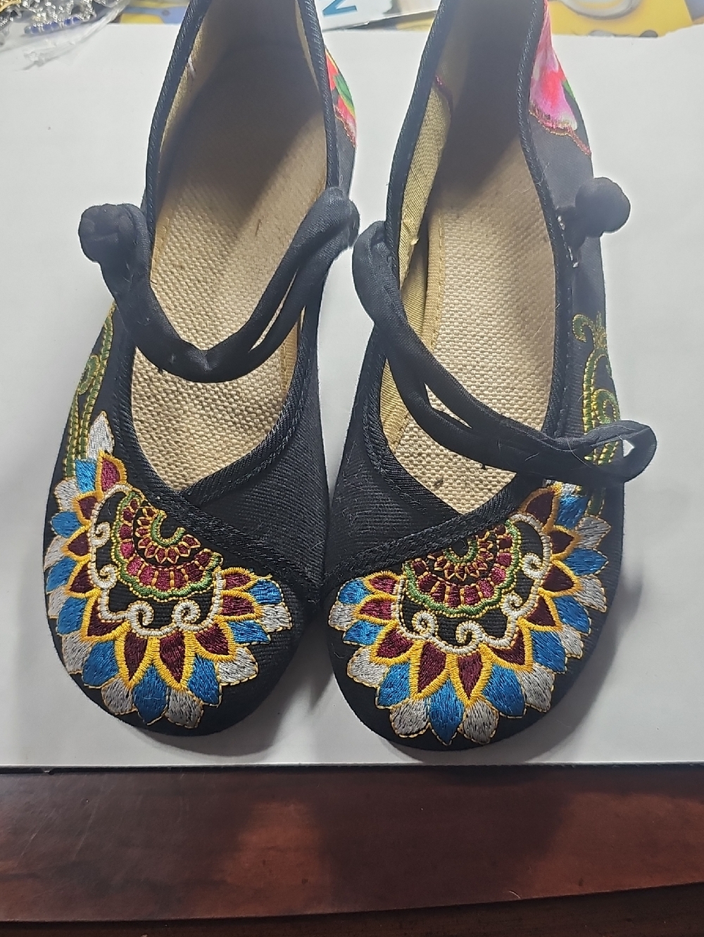 Embroidered Black Mary Jane Flats with Multicolor Floral Motif
